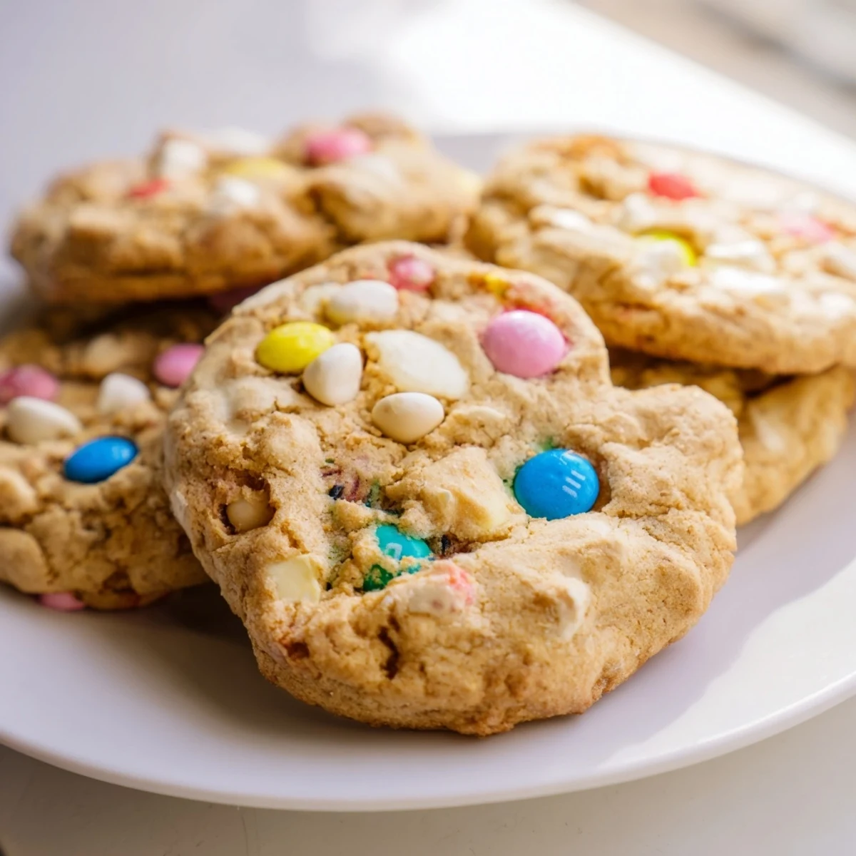 Soft M&M Bunny Cookies topped with colorful pastel candies on a rustic baking sheet