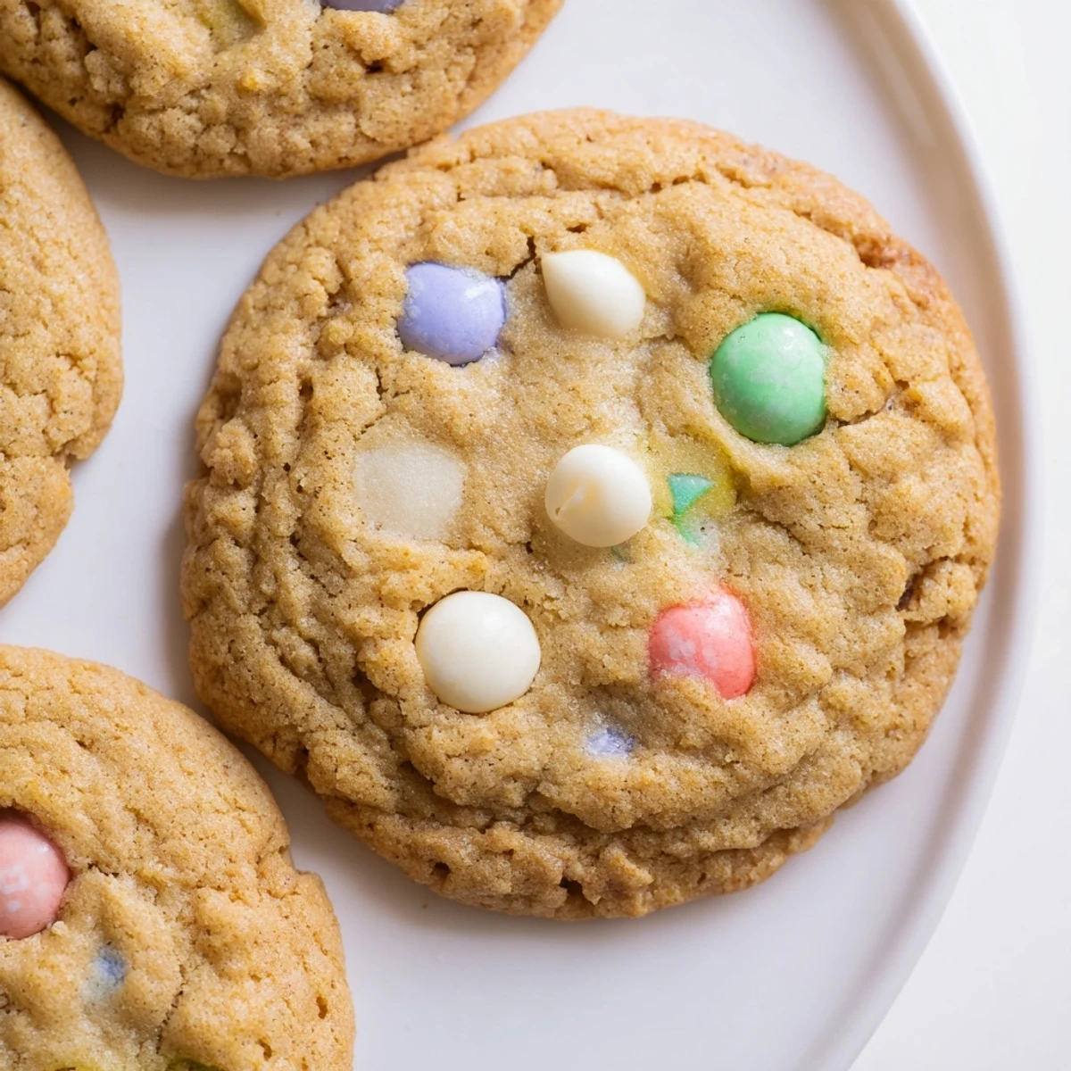 Chewy M&M Bunny Cookies with melty chocolate chips arranged on a white serving platter