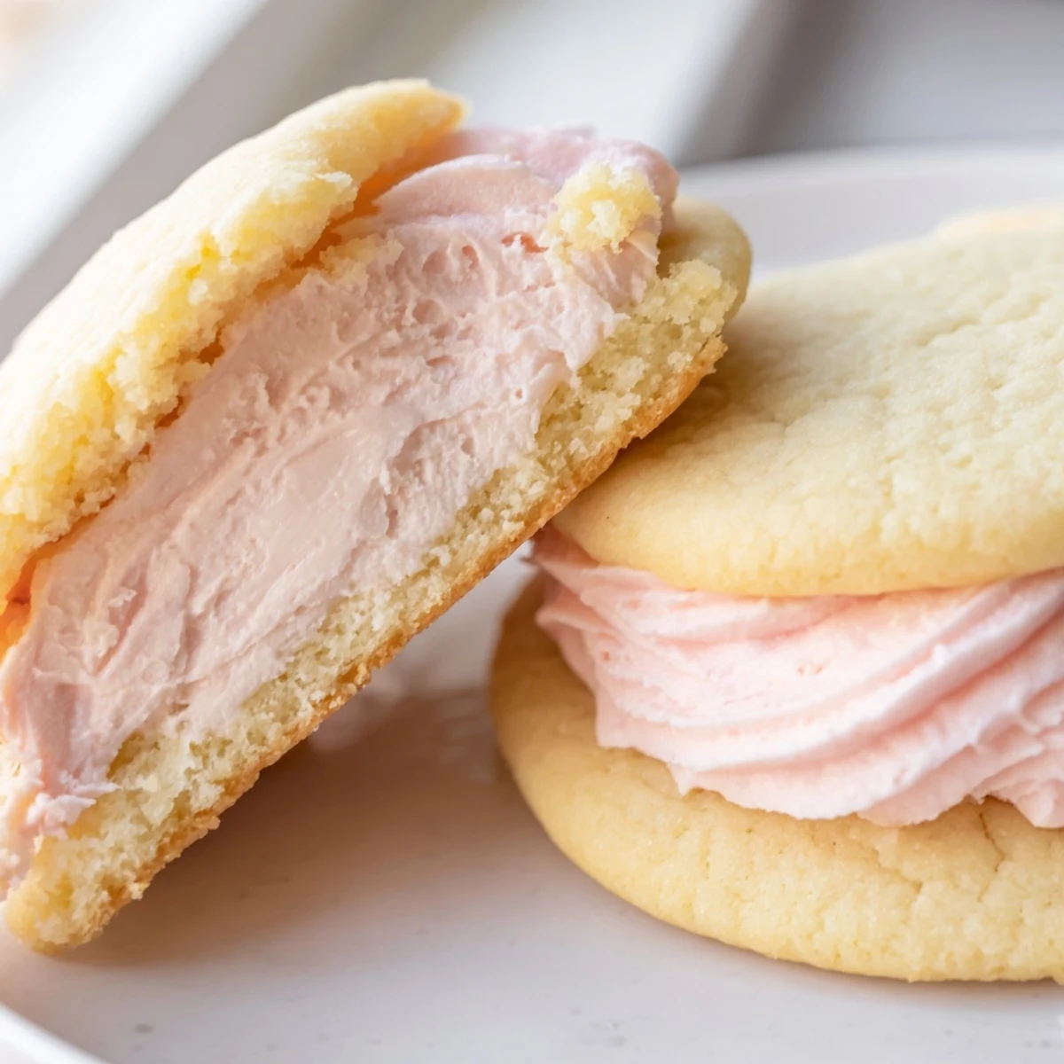 Soft pastel sugar cookie sandwiches with swirled buttercream filling on a rustic white plate