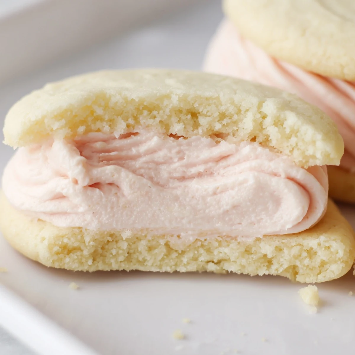 Delicate sugar cookie sandwiches showcasing creamy pastel pink and blue buttercream centers stacked together