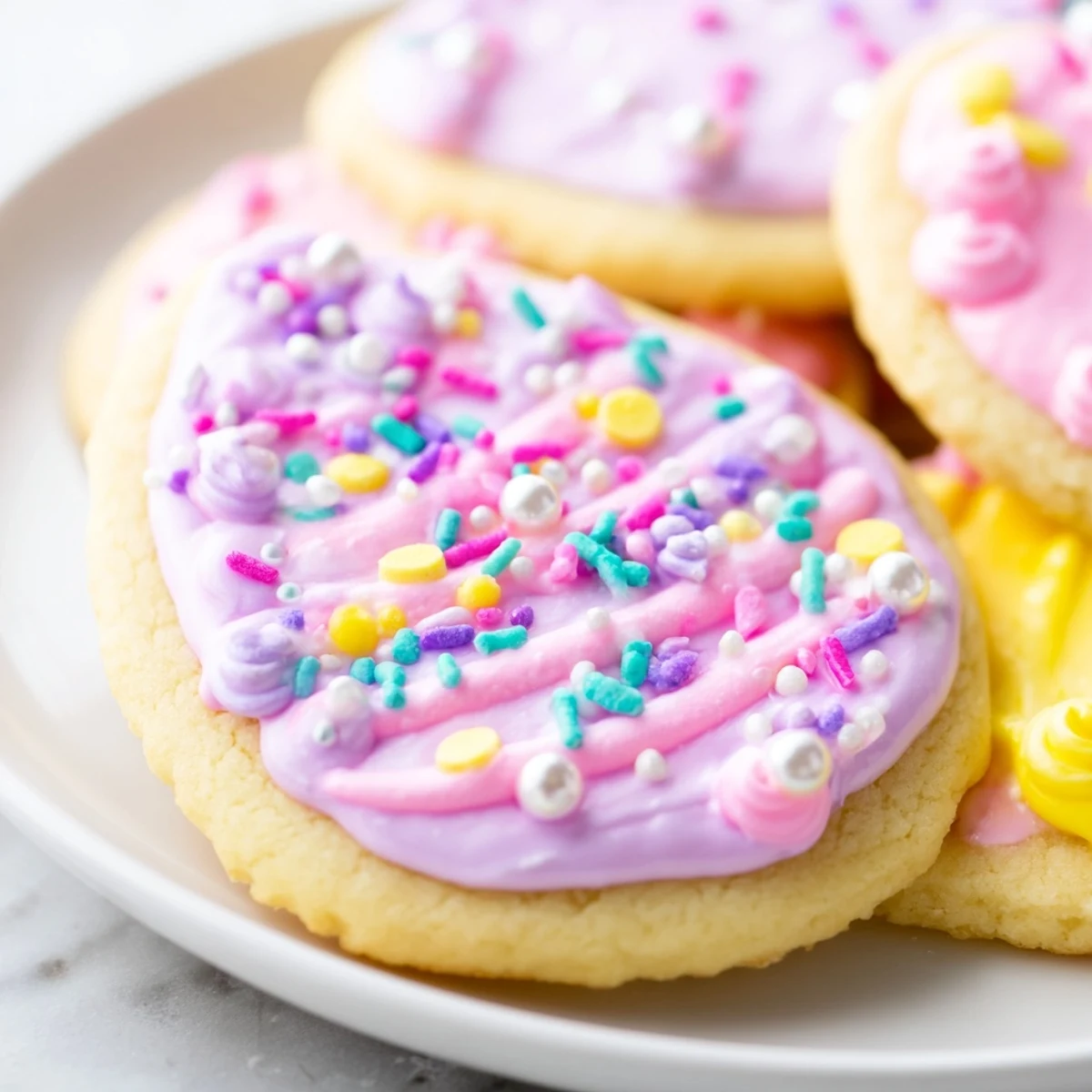 Soft Easter cookies decorated with pastel icing and colorful sprinkles on a rustic wooden serving board