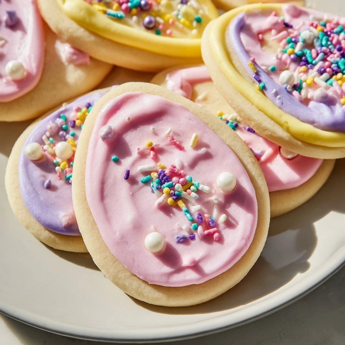 Buttery Easter cookies shaped like eggs and bunnies arranged on a white ceramic platter for spring