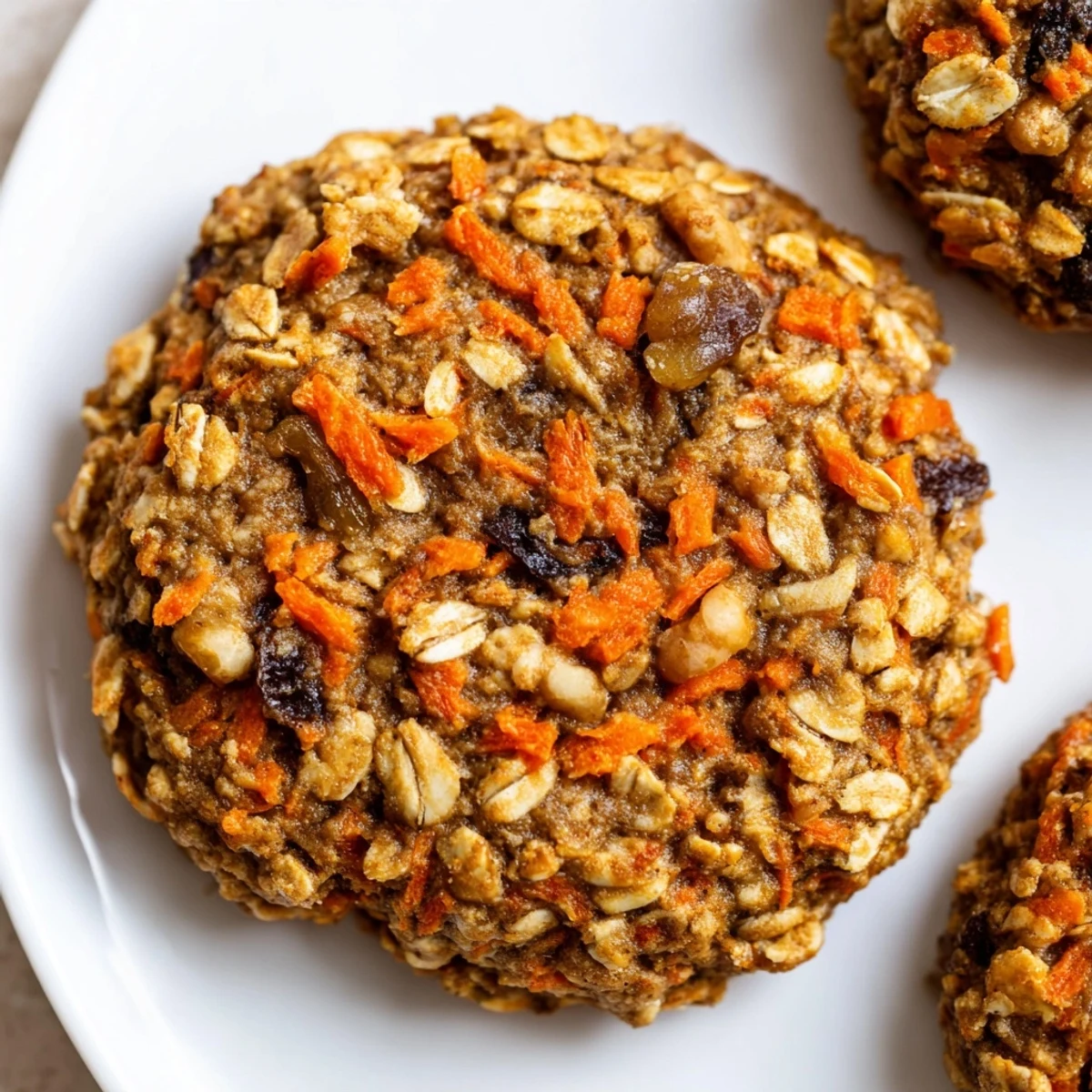 Chewy carrot cake cookies with visible oats and grated carrots stacked on a rustic baking sheet