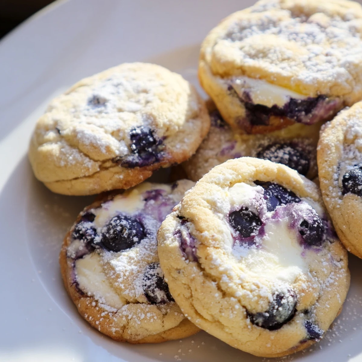 Soft lemon blueberry cheesecake cookies with golden edges on a rustic baking sheet