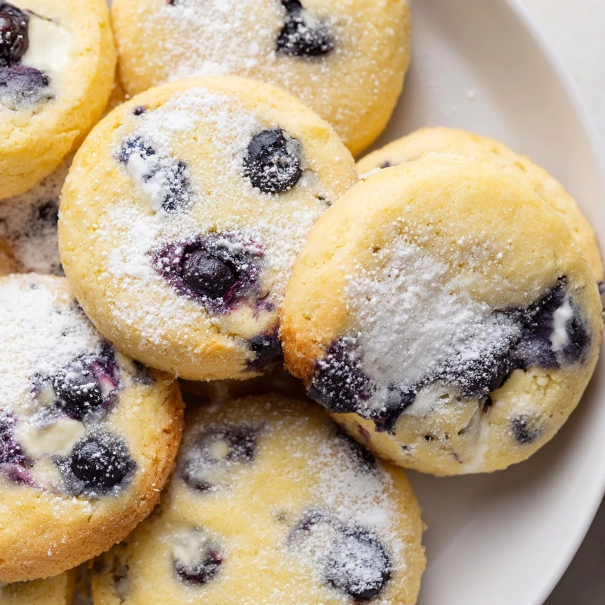 Golden lemon blueberry cheesecake cookies with fresh berries and creamy cheesecake filling