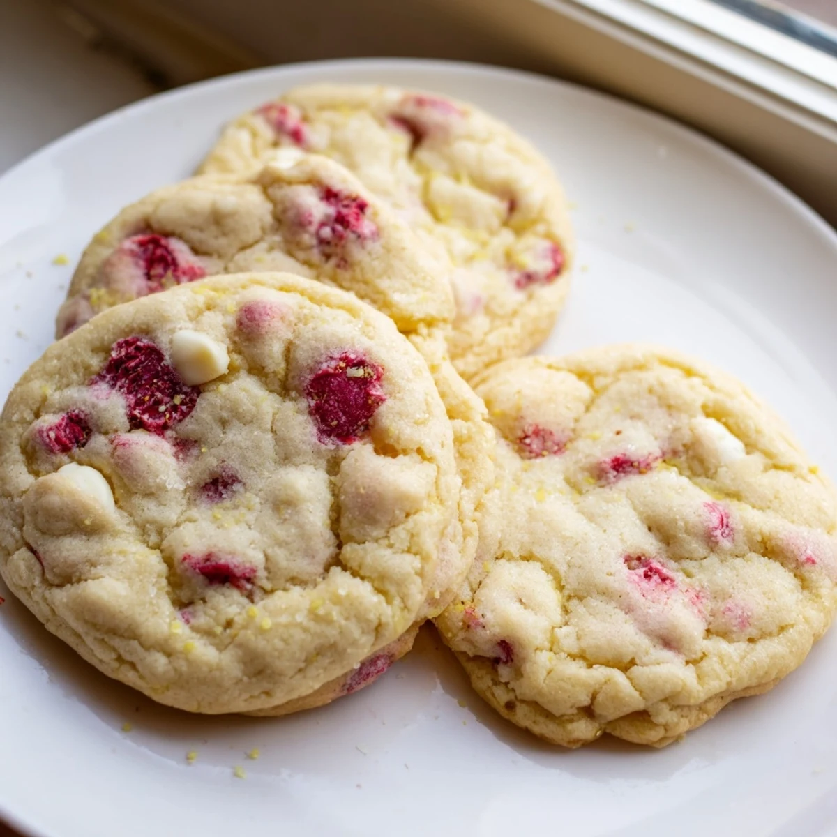 Soft lemon raspberry cookies with golden edges and bursts of red berries on a rustic baking sheet
