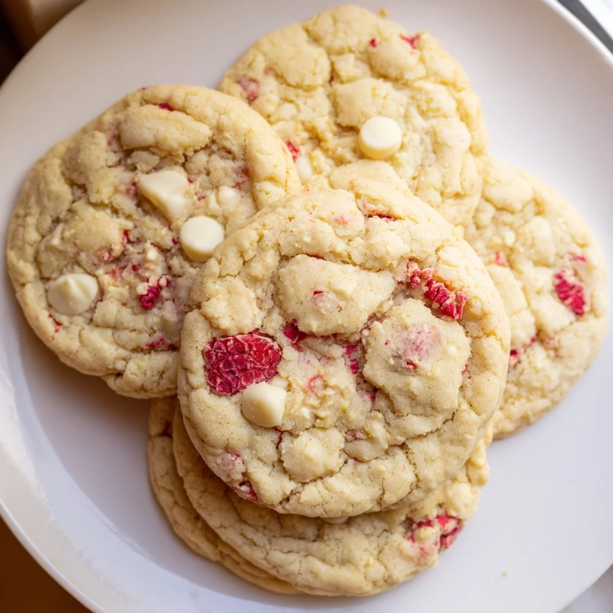 Chewy lemon raspberry cookies stacked on a white plate with bright citrus zest visible throughout