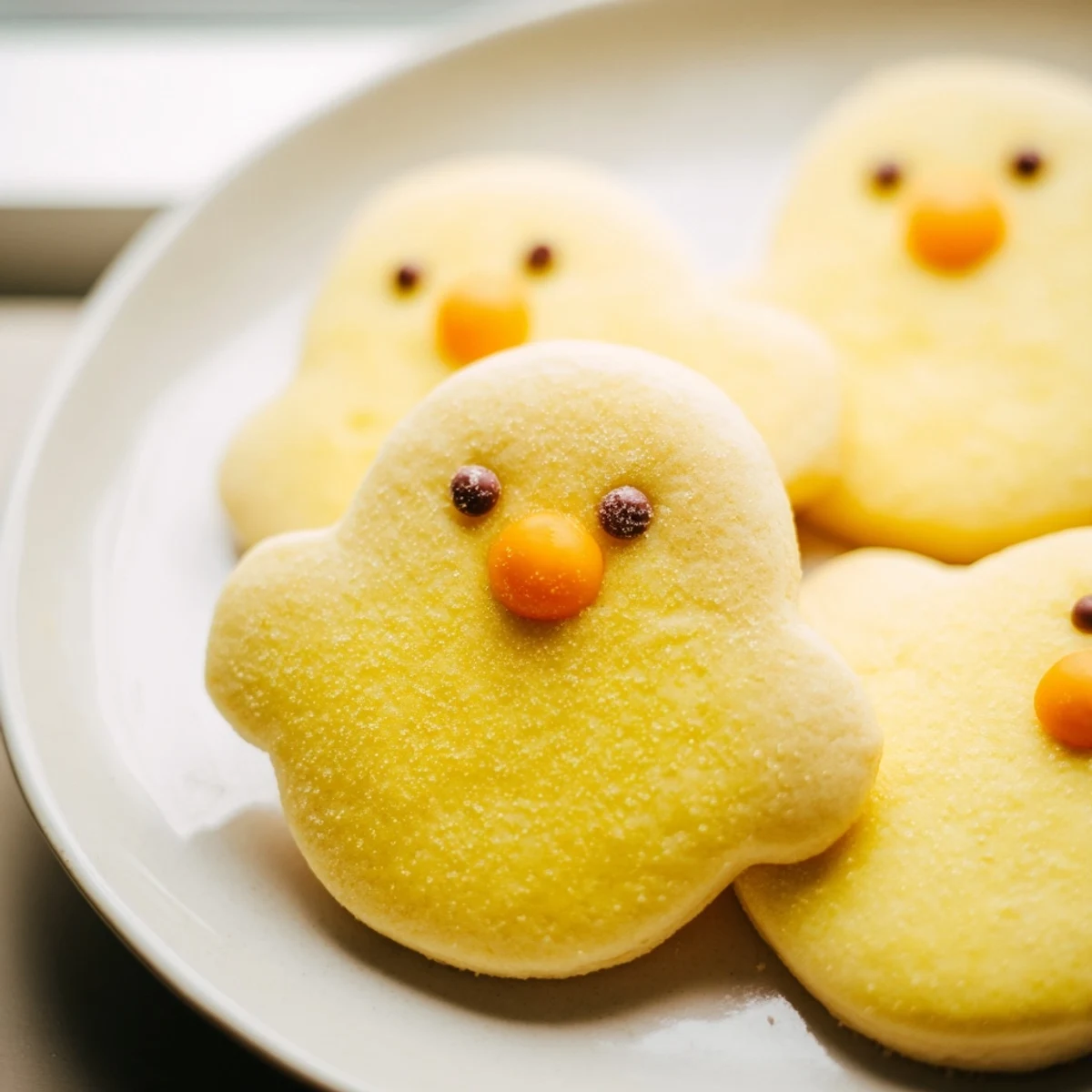 Adorable yellow chick cookies with candy eyes arranged on a rustic white serving platter