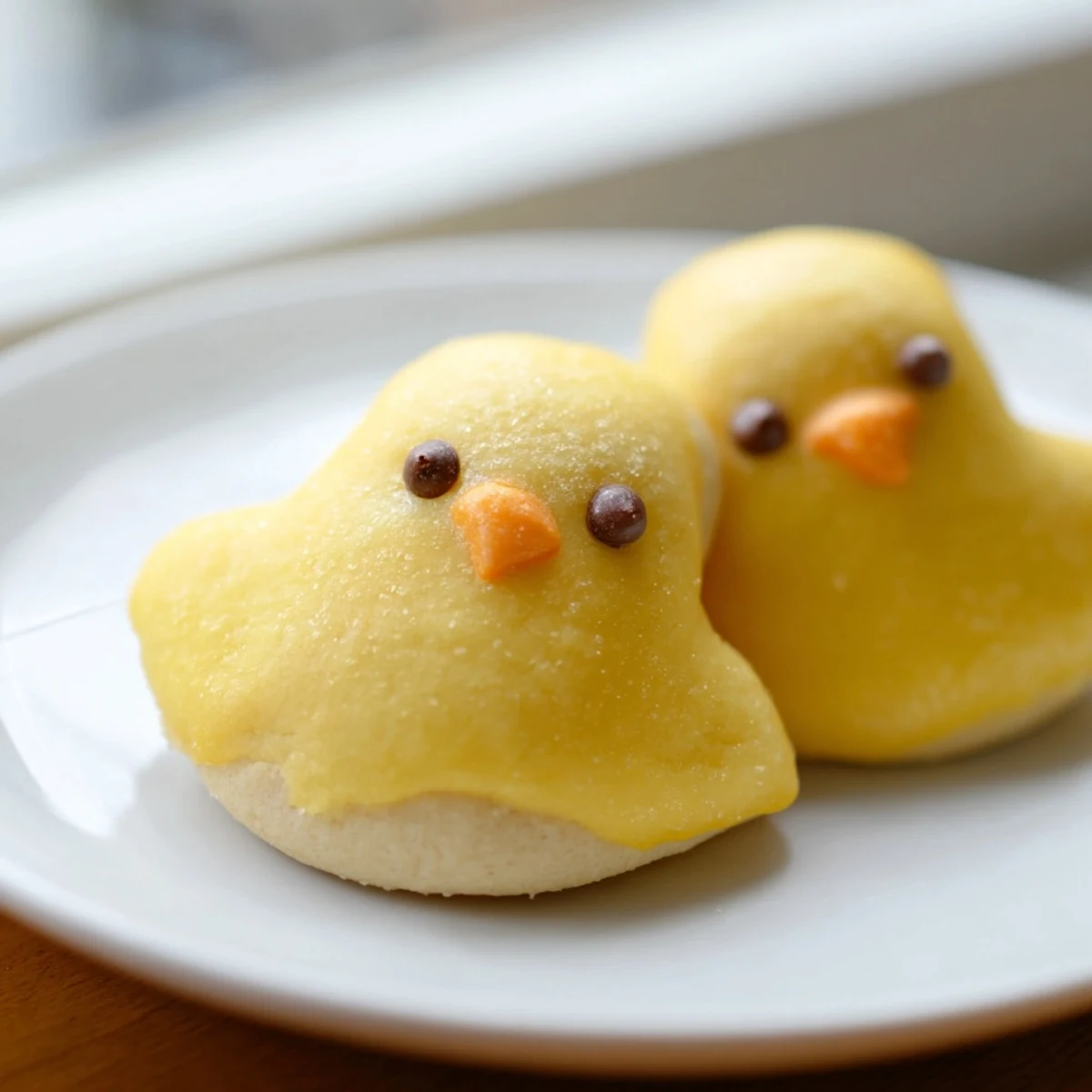 Buttery homemade chick cookies decorated with chocolate chip eyes for spring celebrations