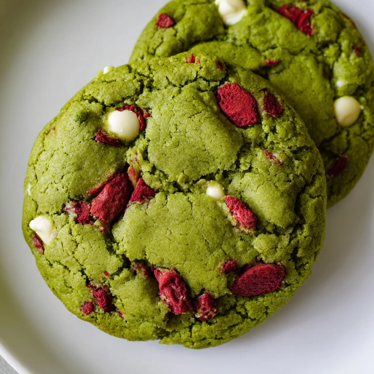 Soft chewy strawberry matcha cookies with vibrant green color and pink berry pieces