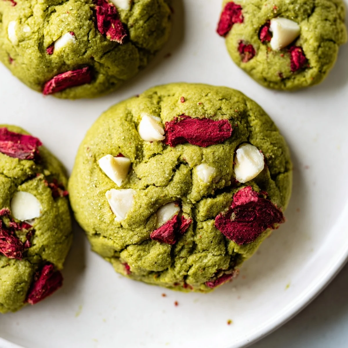 Freshly baked strawberry matcha cookies arranged on wire rack with speckled green dough