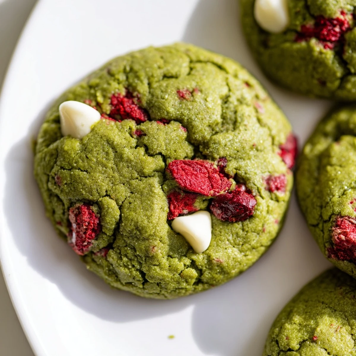 Golden-edged strawberry matcha cookies studded with sweet freeze-dried fruit on rustic baking sheet