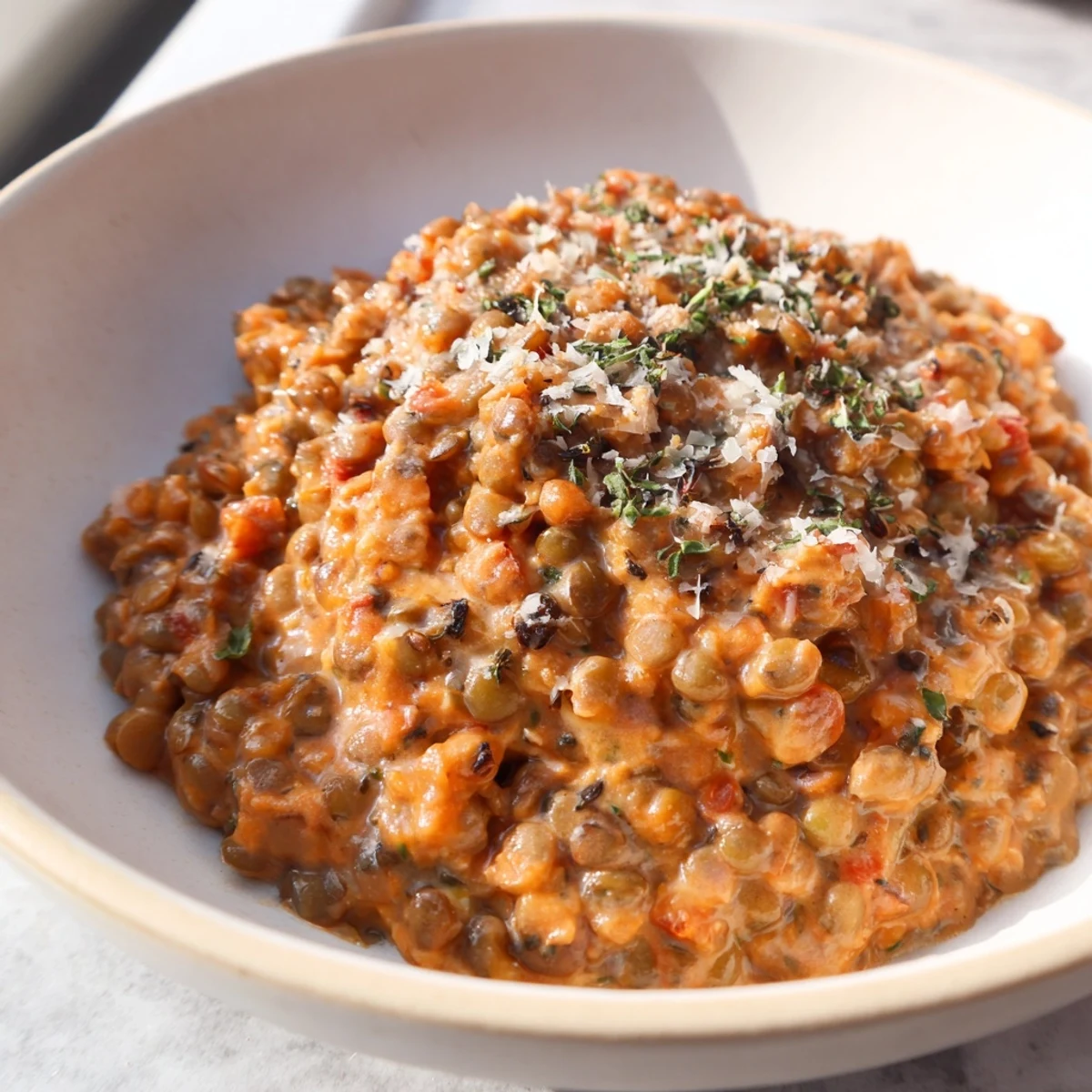Creamy Marry Me Lentils in rustic skillet with sun-dried tomatoes and fresh basil garnish