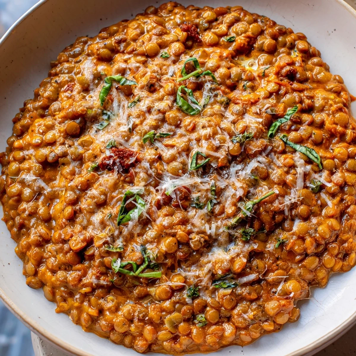Steaming bowl of Marry Me Lentils topped with grated Parmesan and aromatic herbs