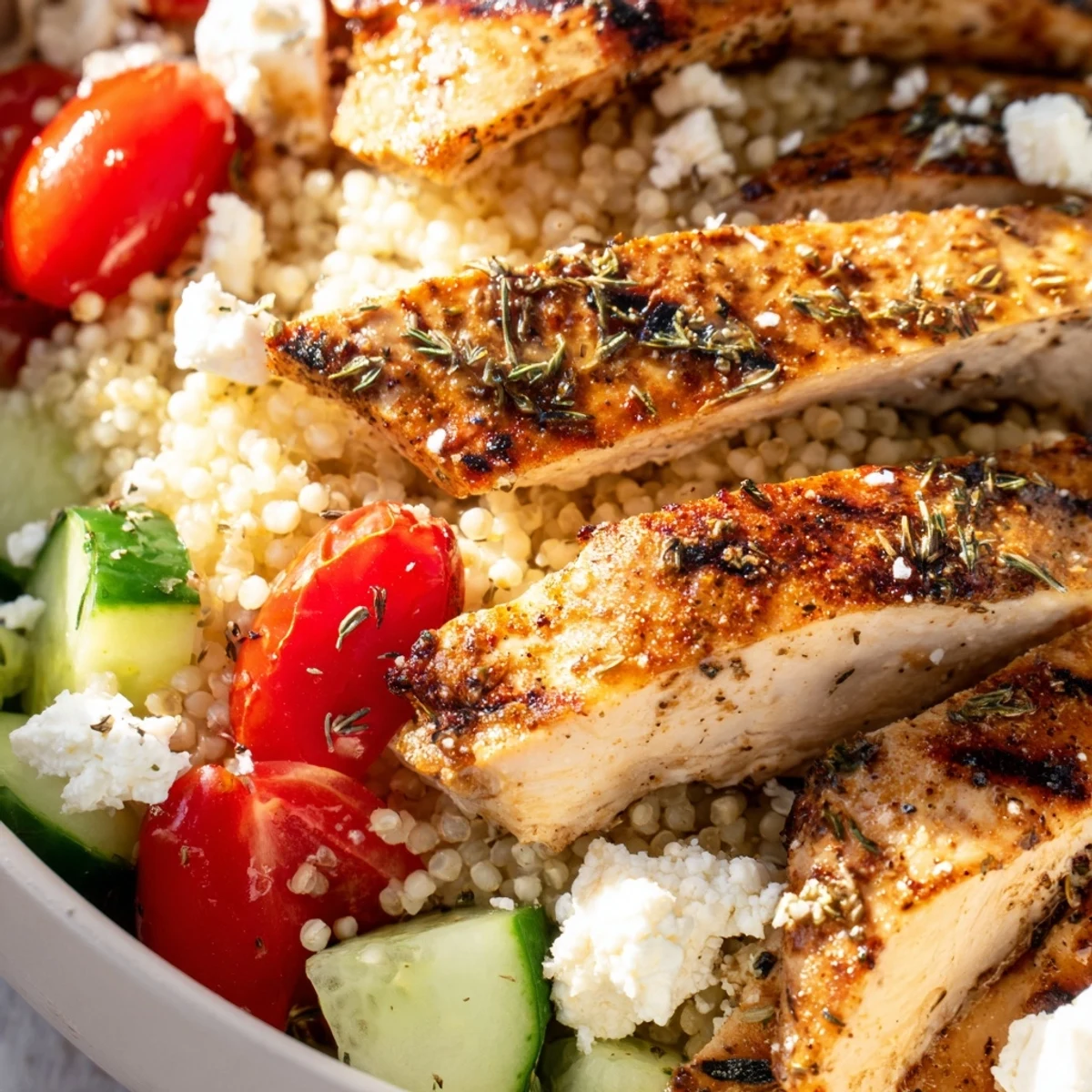 Mediterranean chicken quinoa bowl topped with juicy grilled meat and fresh vegetables