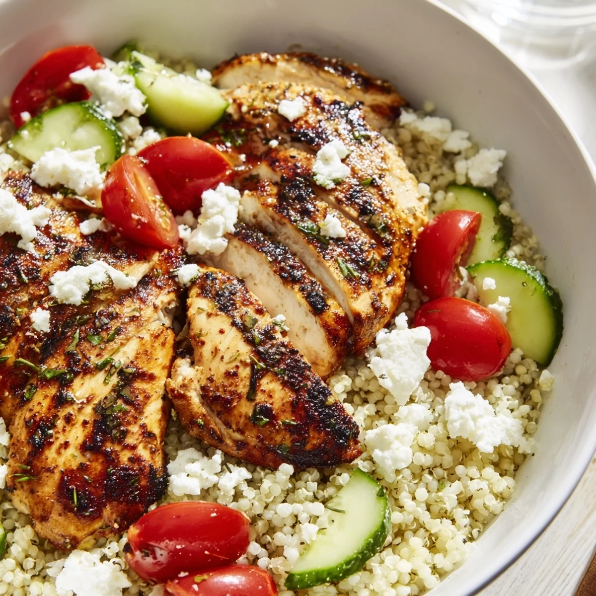 Colorful Mediterranean chicken quinoa bowl with feta, olives, and bright crisp garnishes