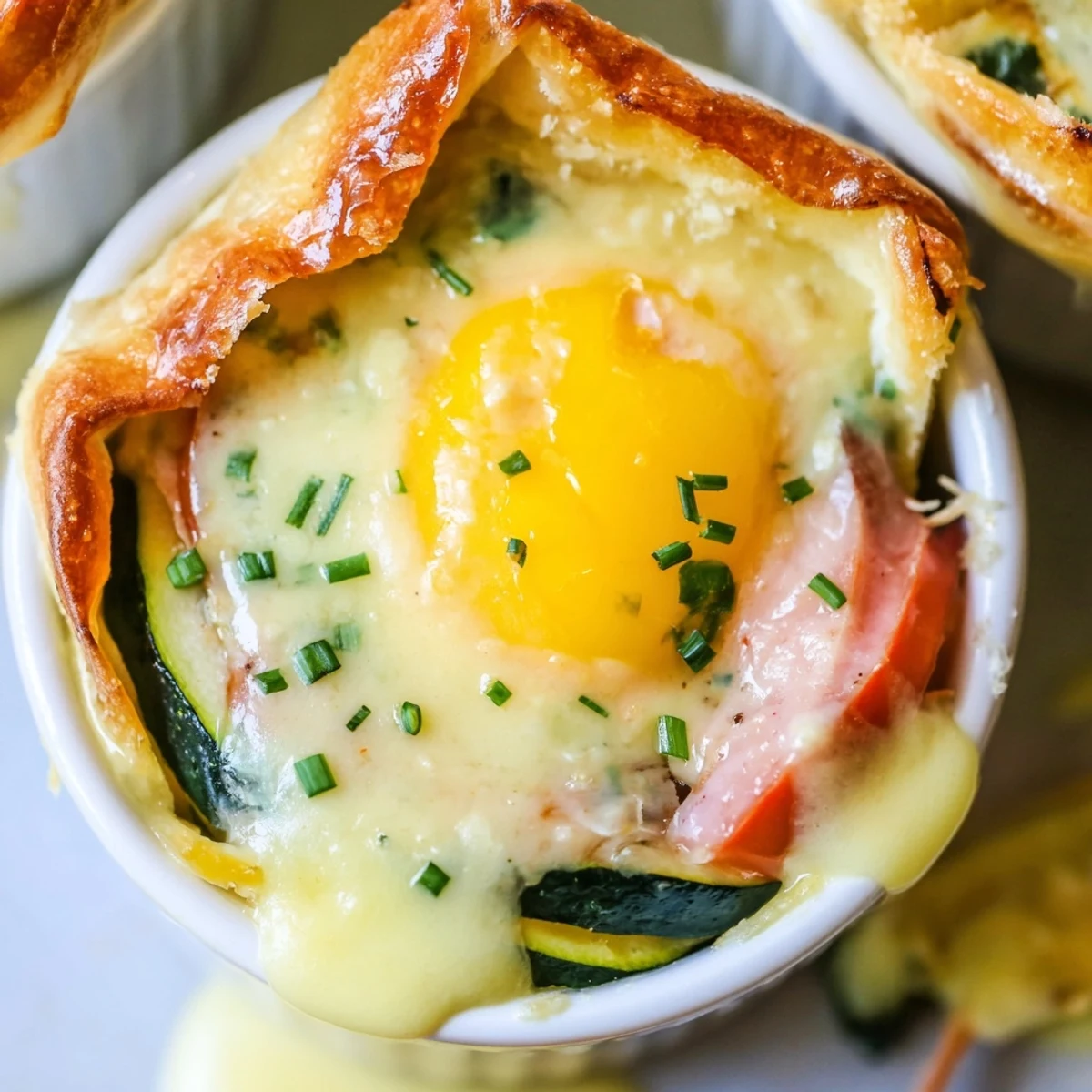 Golden Baked Eggs Napoleon with runny yolks resting on layered spinach, ham, and creamy Gruyère sauce