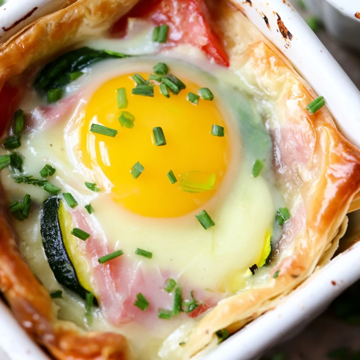 Elegant Baked Eggs Napoleon served in ramekins with toasted brioche, vegetables, and melted cheese topping