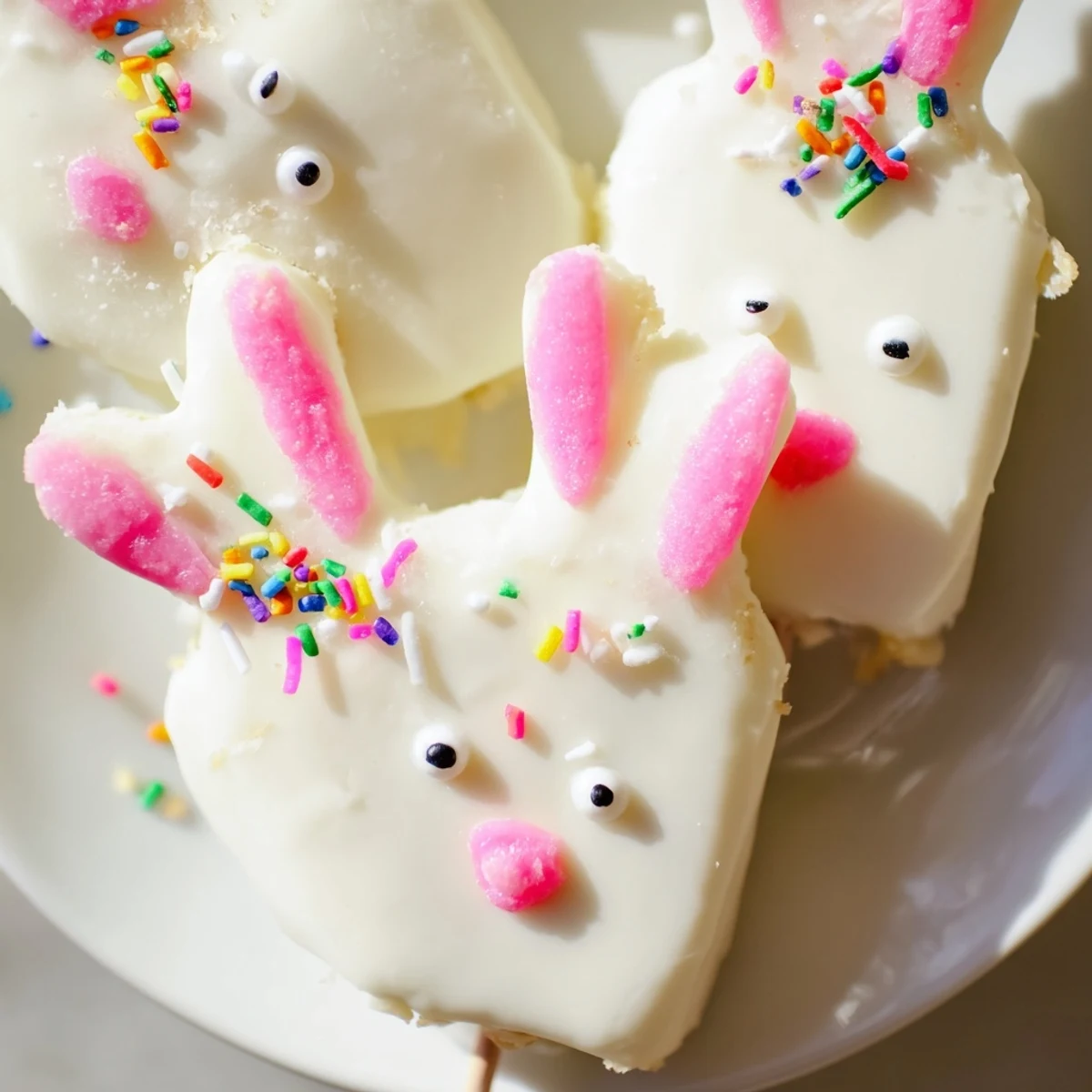Adorable white chocolate bunny cakesicles with candy eyes and pink ears on sticks