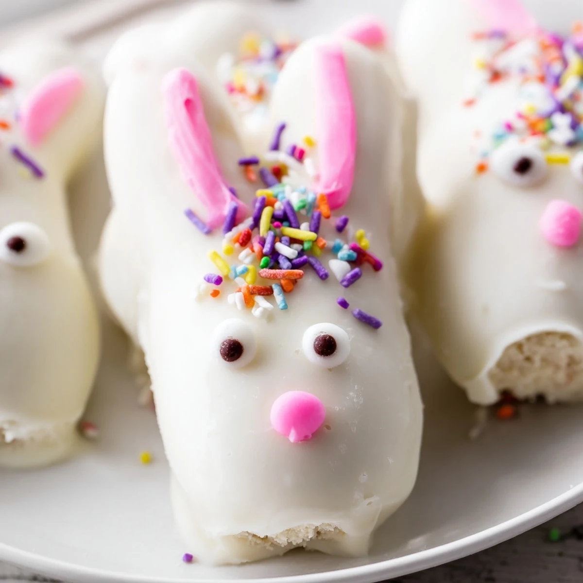 Creamy white chocolate bunny cakesicles decorated with sprinkles for Easter celebrations