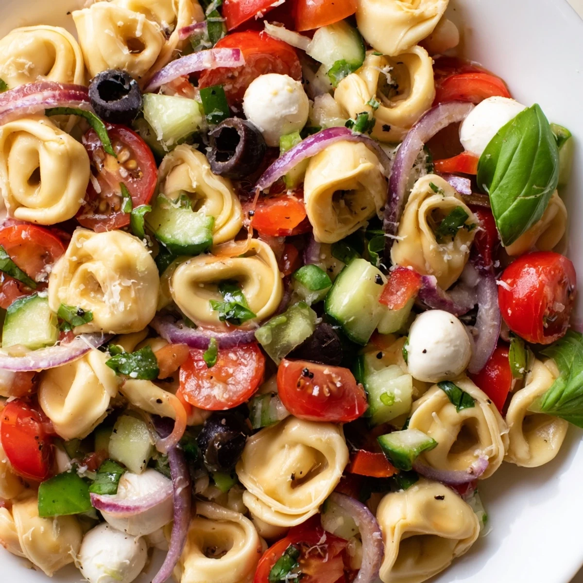 Colorful tortellini salad featuring crisp vegetables, mozzarella pearls, and fresh basil in a sunlit serving dish