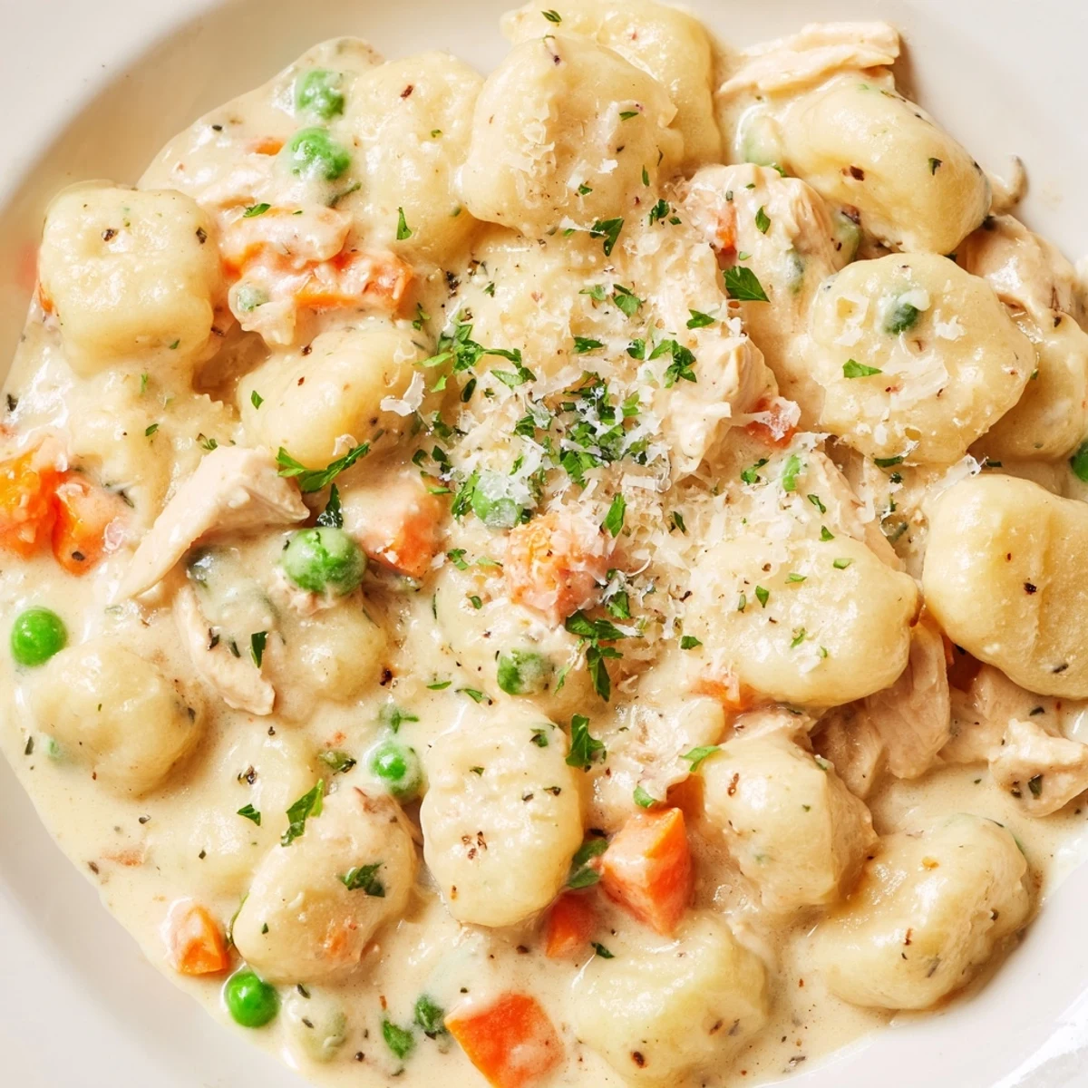 Creamy one pot gnocchi chicken pot pie with tender vegetables in golden savory sauce
