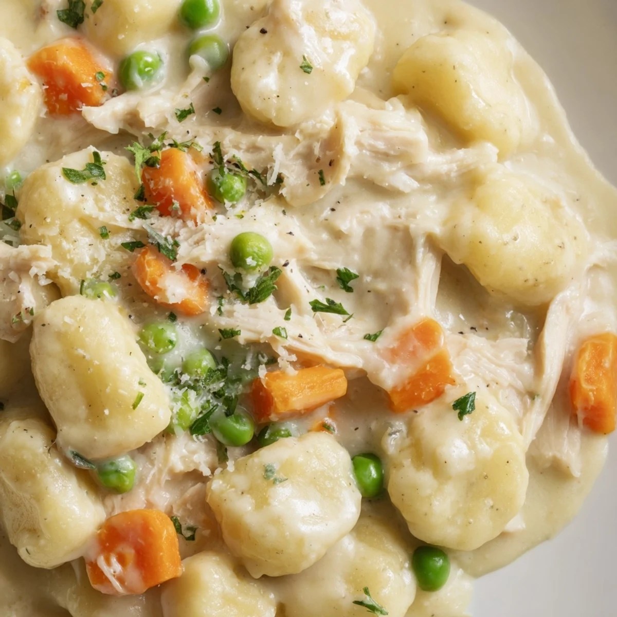 One pot gnocchi chicken pot pie topped with fresh parsley and parmesan cheese