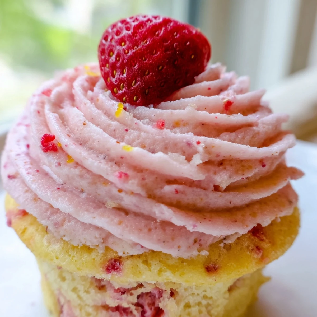 Pink frosted strawberry lemonade cupcakes topped with swirls of tangy buttercream on a rustic wooden serving board