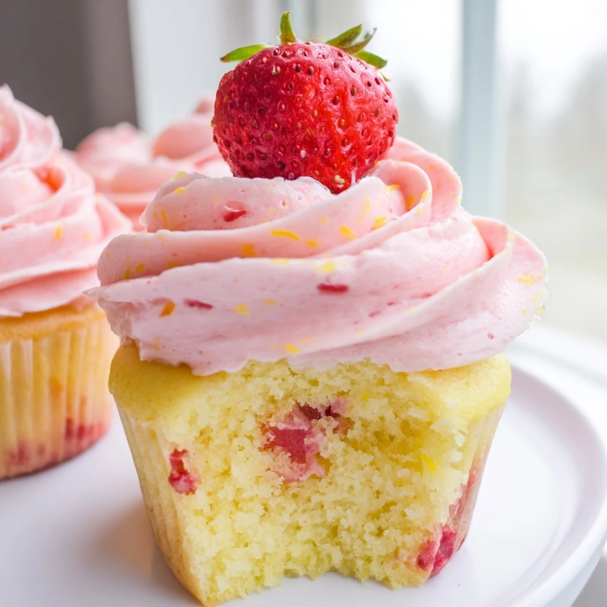 Fresh strawberry lemonade cupcakes with fluffy pink frosting and bright lemon zest garnish displayed on white ceramic platter