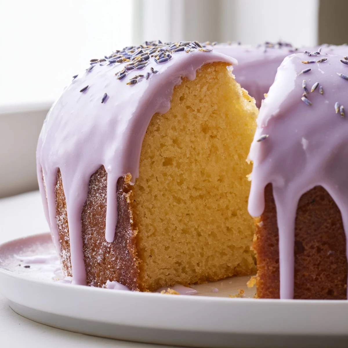 Smooth lavender glaze drizzled over a golden pound cake slice on a white plate
