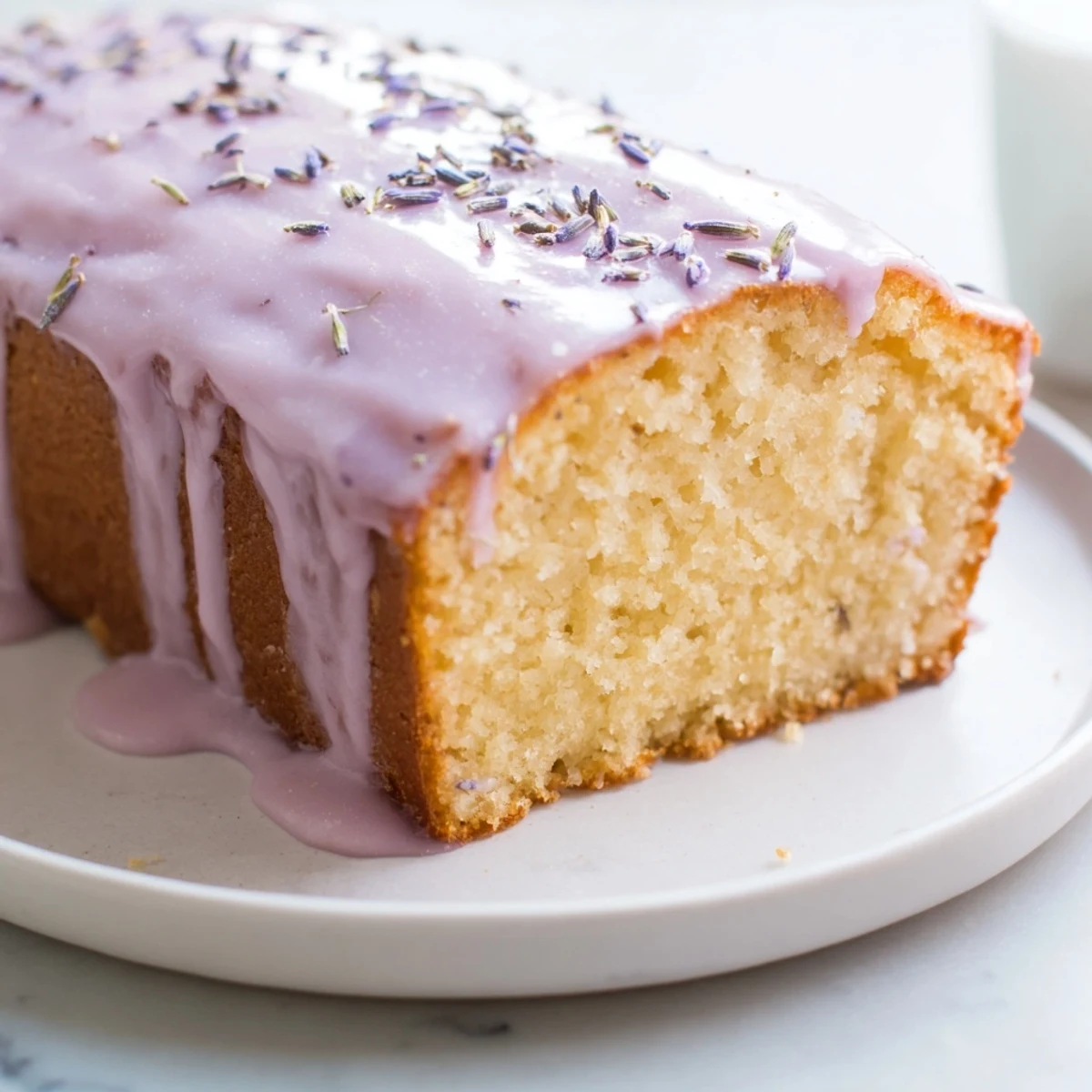 Glossy lavender glaze cascading down a tender scone in soft morning light