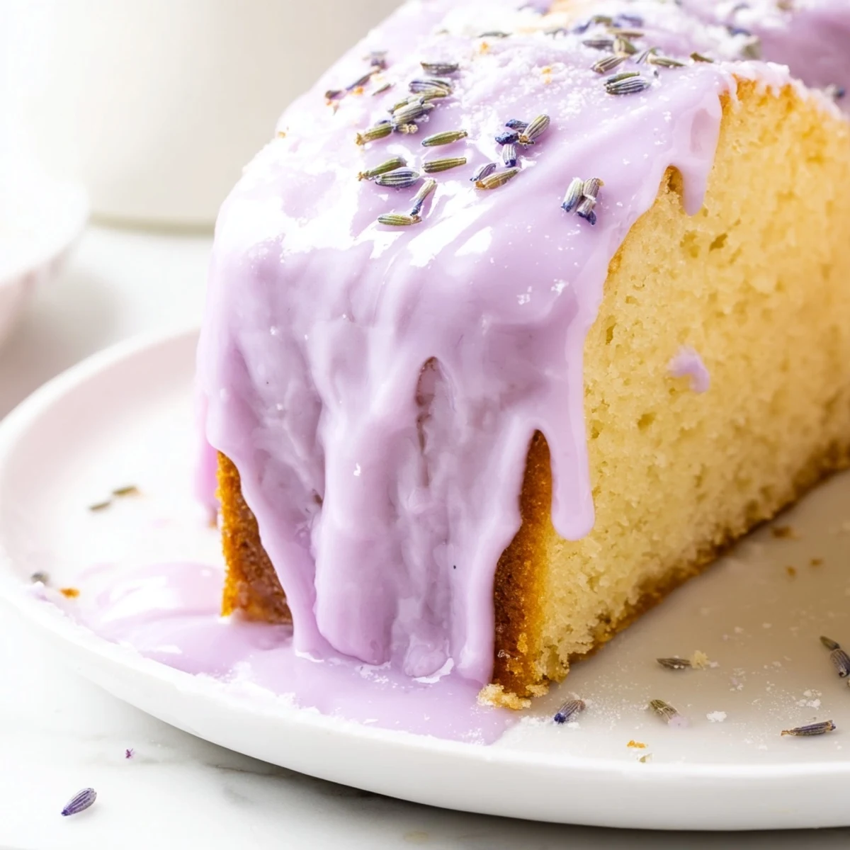 Purple-hued lavender glaze pooling on freshly baked sugar cookies with floral sweetness