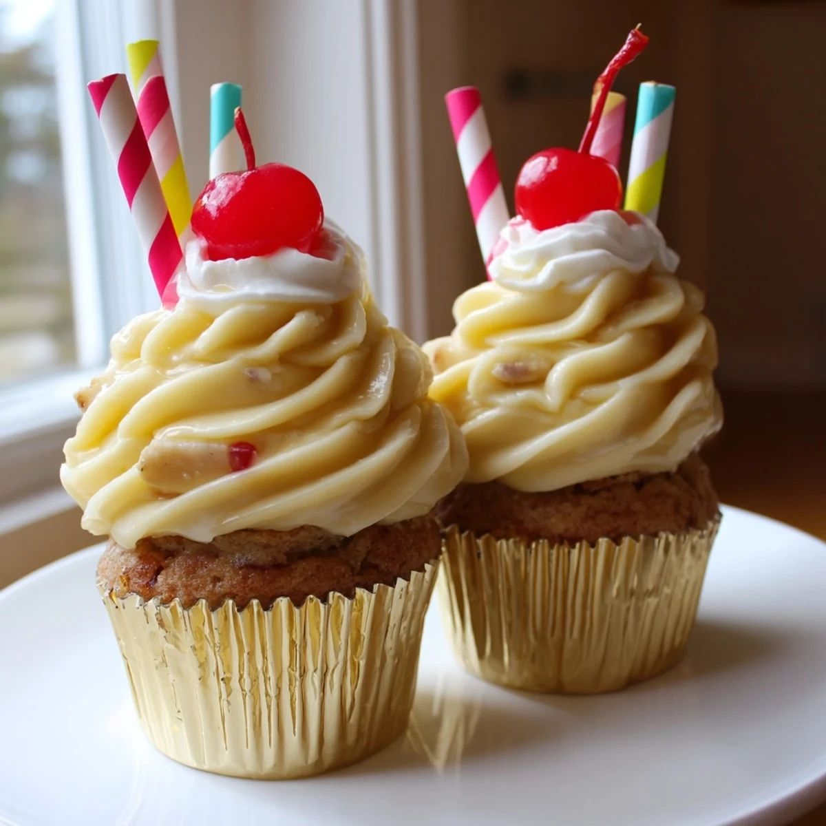 Frosted banana milkshake cupcakes topped with whipped cream and maraschino cherries on a rustic plate
