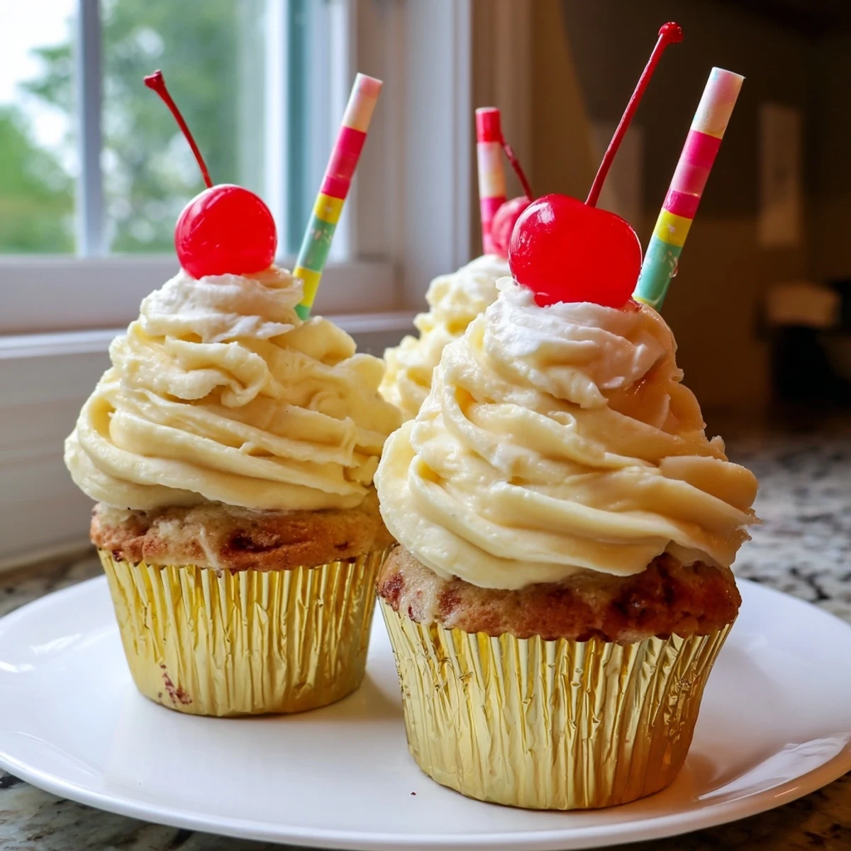 Golden banana milkshake cupcakes with creamy swirled frosting served in bright striped liners