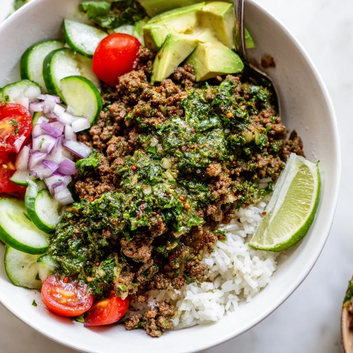 Steaming chimichurri ground beef bowls topped with vibrant green sauce, crisp cucumber, and bright lime wedges for squeezing.