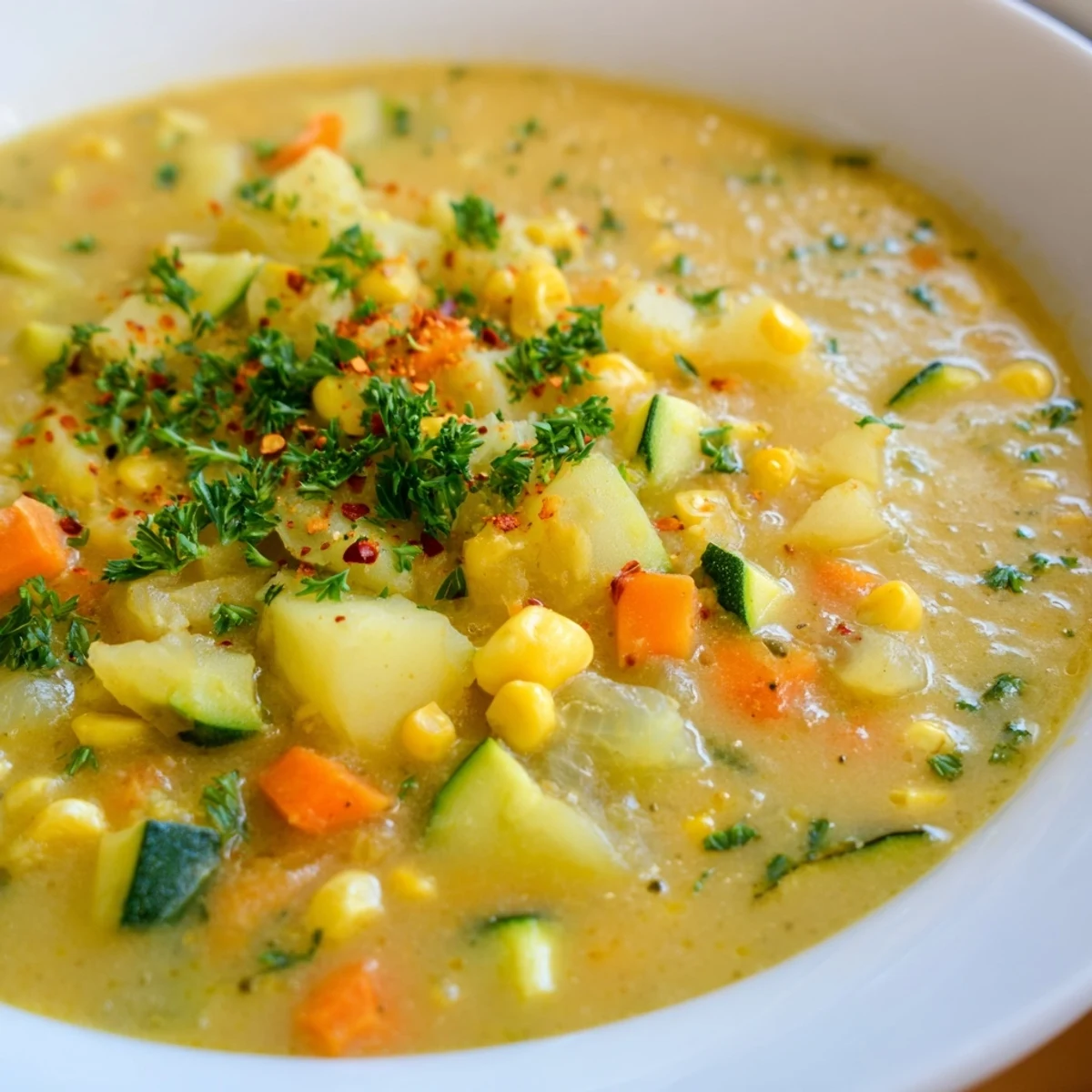 Hearty potato corn zucchini soup garnished with fresh parsley and crusty bread