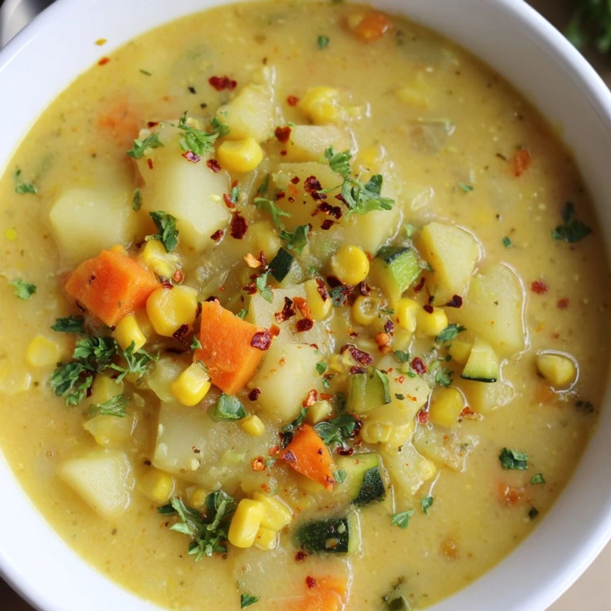 Creamy potato corn zucchini soup loaded with tender vegetables in a steaming bowl