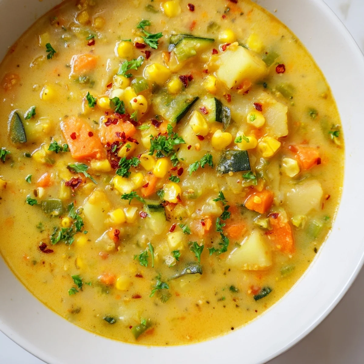Thick golden potato corn zucchini soup brimming with sweet corn and diced vegetables