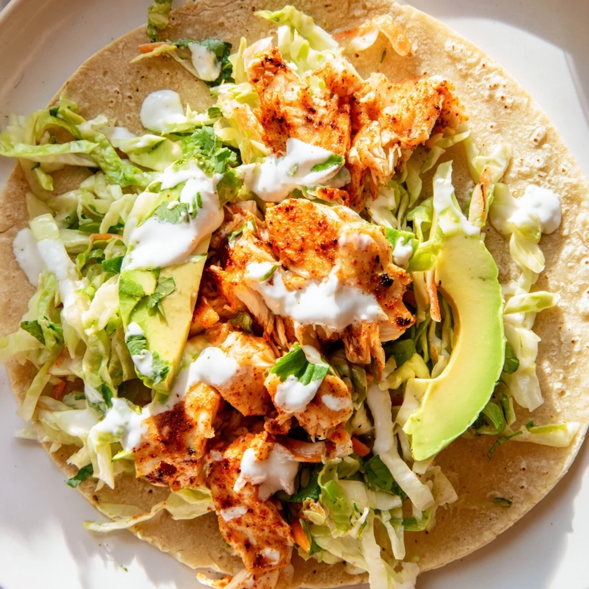 Golden seasoned tilapia fish tacos topped with crunchy cabbage slaw and creamy lime crema