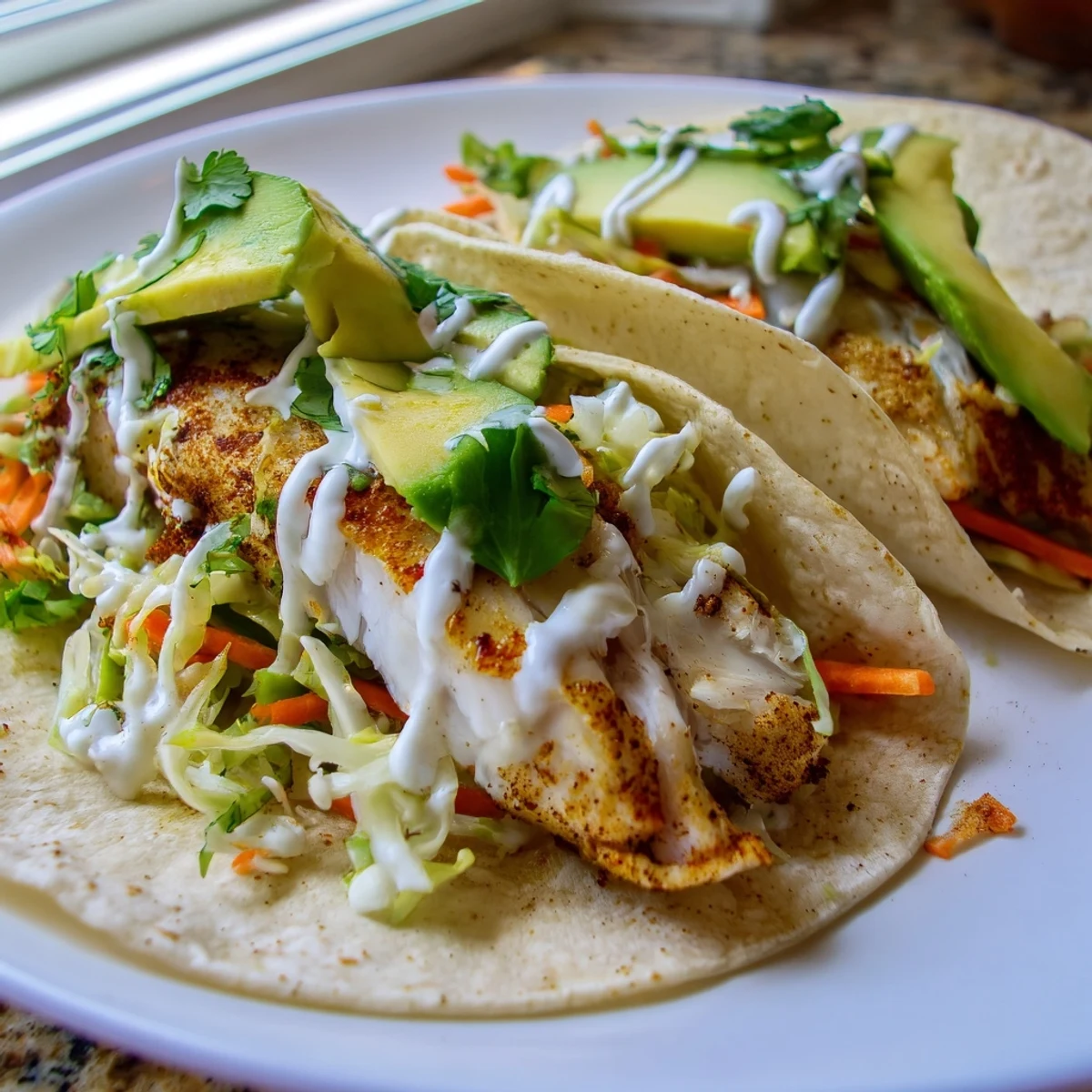 Crispy spiced tilapia fish tacos nestled in warm tortillas with fresh avocado slices