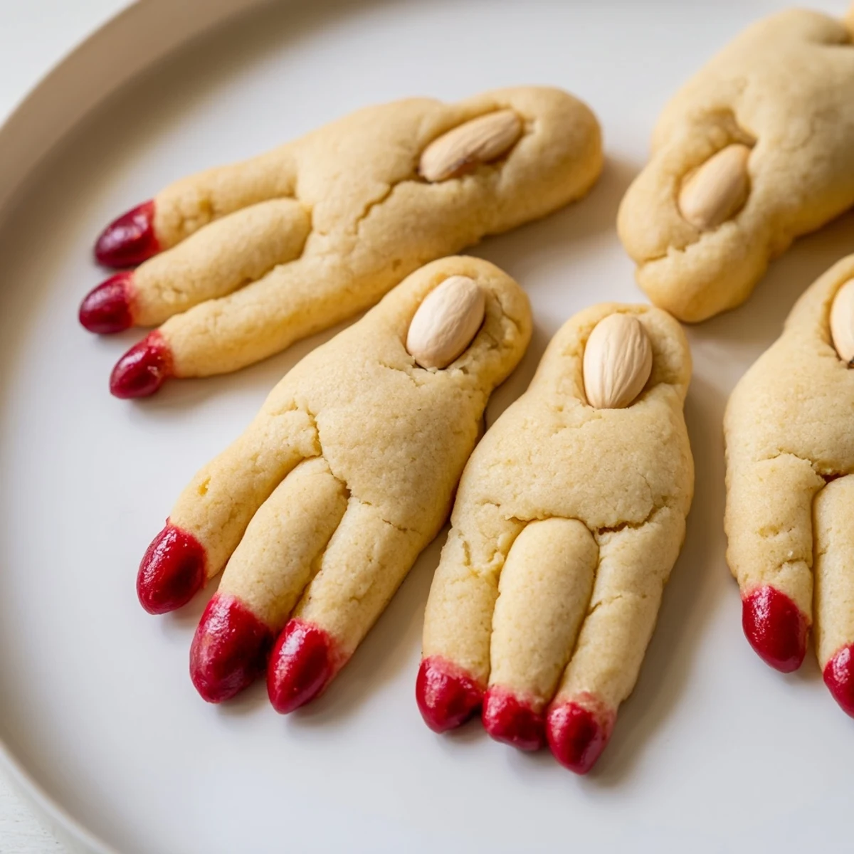 Creepy Witch Finger Cookies with bloody almond nails on a rustic baking sheet