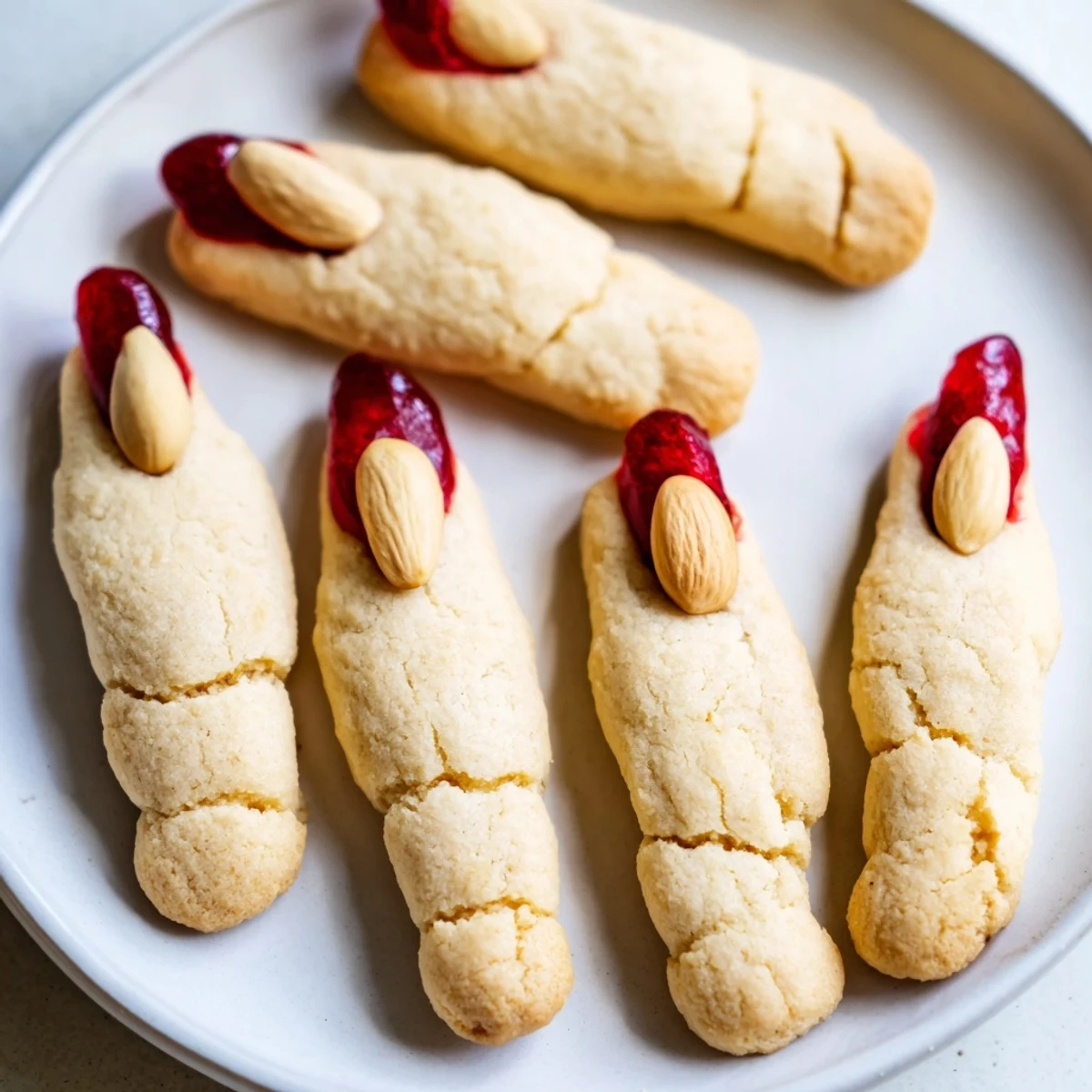 Creepy Witch Finger Cookies arranged on a dark platter for a spooky Halloween party