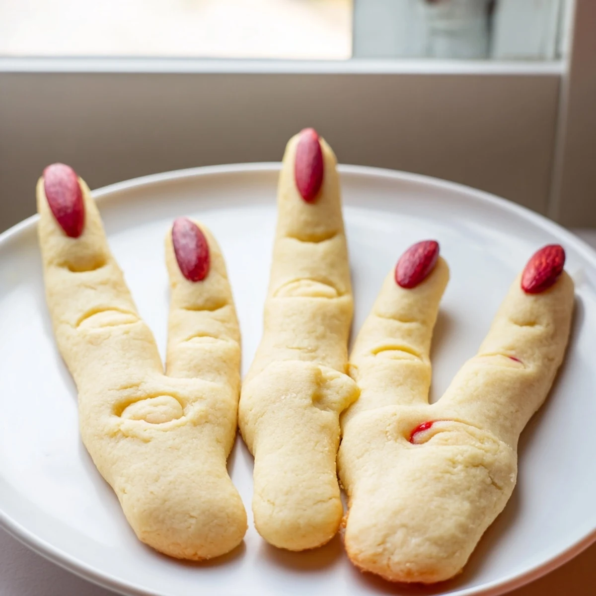 Creepy Witch Finger Cookies featuring knobby knuckles and red jam dripping from almond fingernails