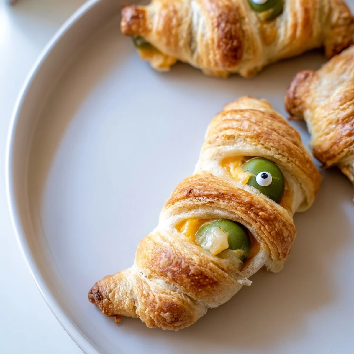 Crispy golden Mummy Jalapeno Poppers with melty cheese filling and spooky candy eyes on a parchment-lined baking sheet.