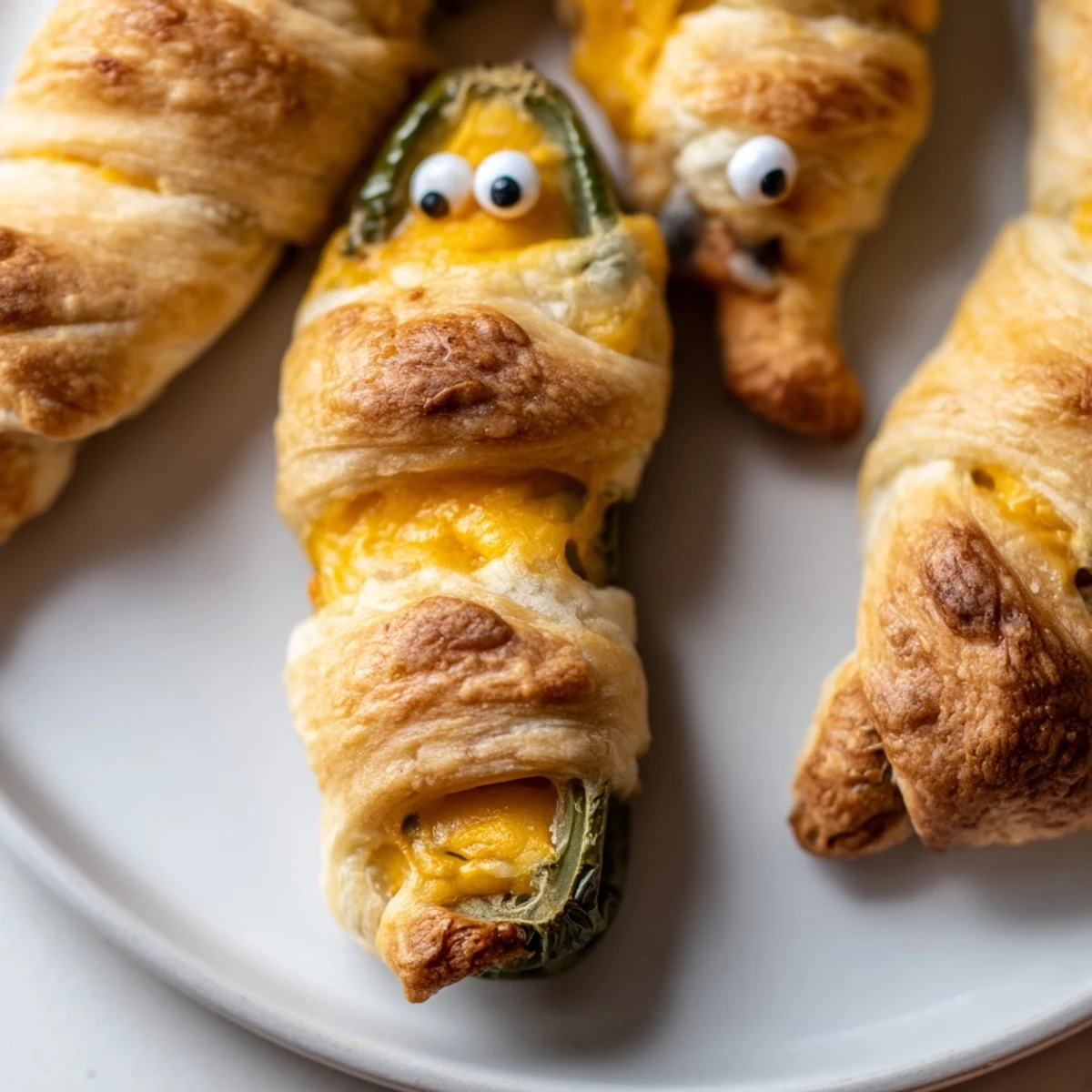 Creamy cheesy Mummy Jalapeno Poppers wrapped in flaky crescent dough bandages, served warm with sour cream dip.