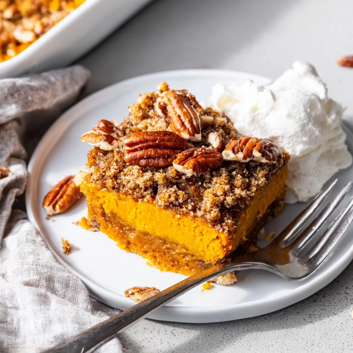 Golden pumpkin dump cake with pecan topping served warm in a baking dish