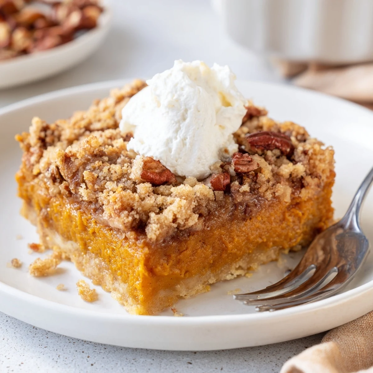Creamy pumpkin dump cake slice topped with whipped cream and autumn spices