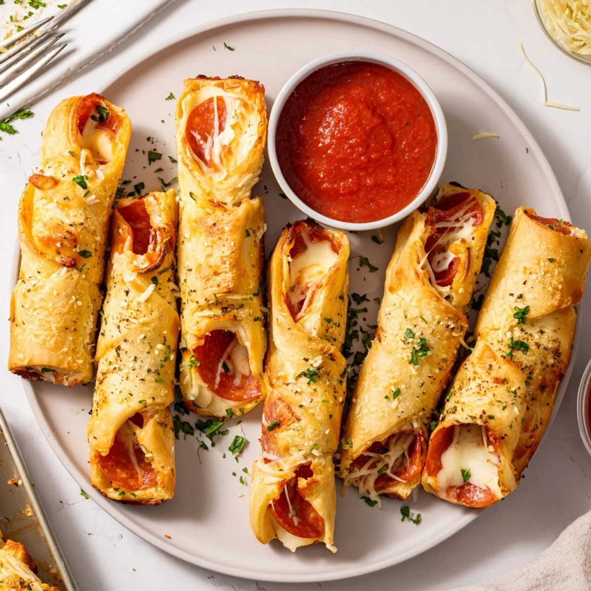 Golden pepperoni pizza roll breadsticks oozing melted mozzarella alongside warm marinara dipping sauce