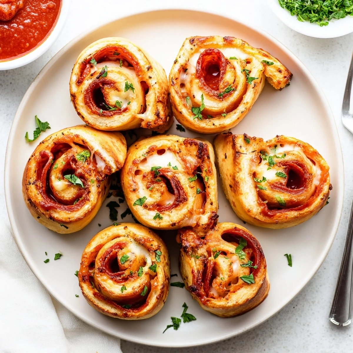 A plate of warm pepperoni pizza roll breadsticks brushed with herbs, served for gameday snacking