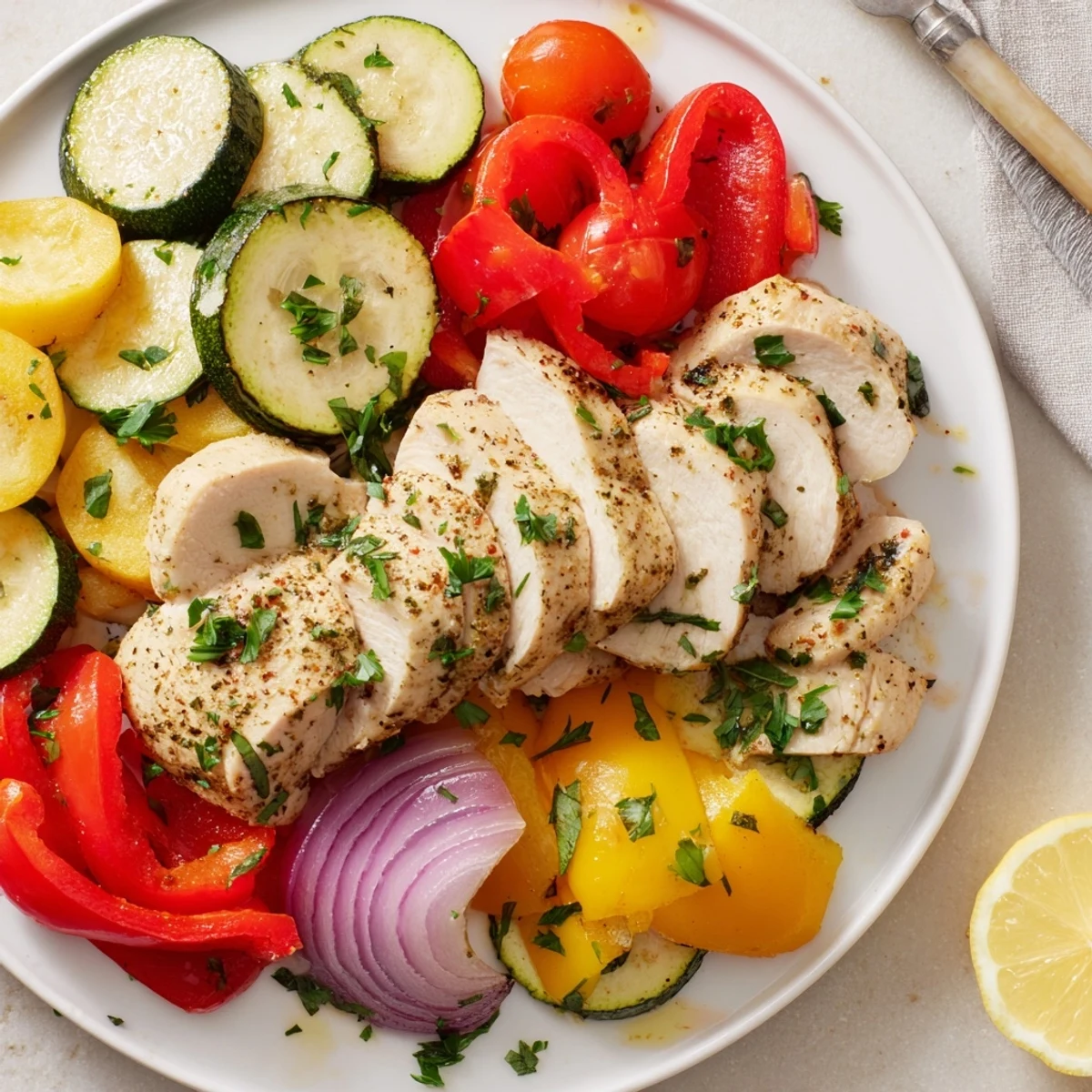 Juicy chicken foil packets recipe with roasted colorful vegetables and fresh parsley